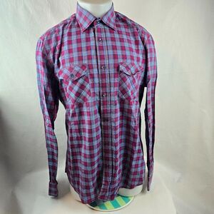 Bugatchi Uomo Shirt Mens XL Blue Purple  Button Up Shaped Fit Purple Blue Plaid